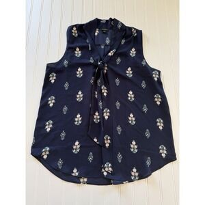 Ann Taylor Factory Women's Navy Floral Sleeveless Tie Neck Blouse M